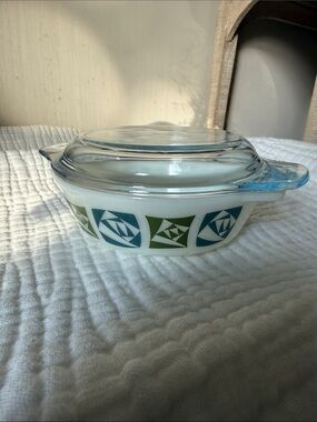 Vintage Milk Glass Casserole with Blue & Green Geometric Pattern 505 lid 13F